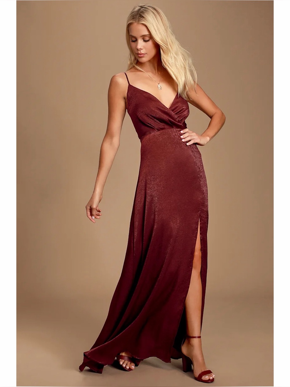 NWT Lulus Constantine Burgundy Satin Maxi Dress